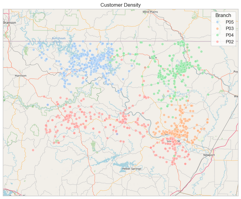 Map of customer locations color-coded by branch